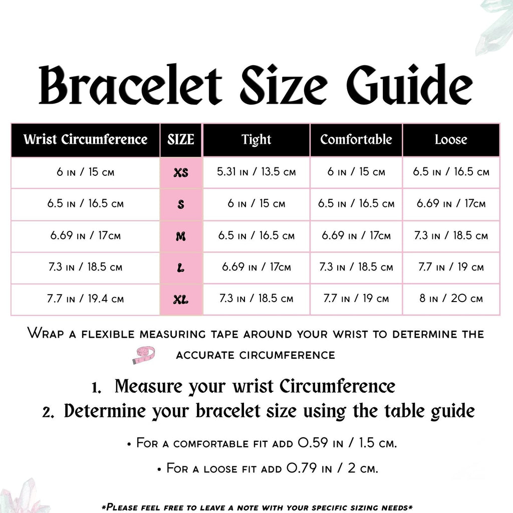 Bracelet size guide showing wrist measurement chart for selecting bracelet sizes