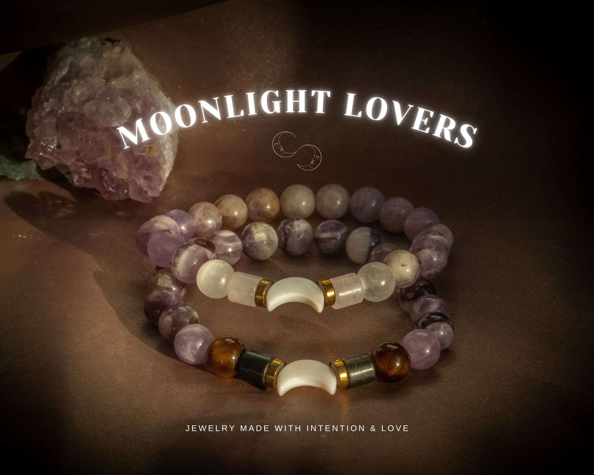 Moonlight Lovers bracelet hero banner featuring handmade beaded bracelets with Hematite, Jasper, Quartz, and Amethyst beads